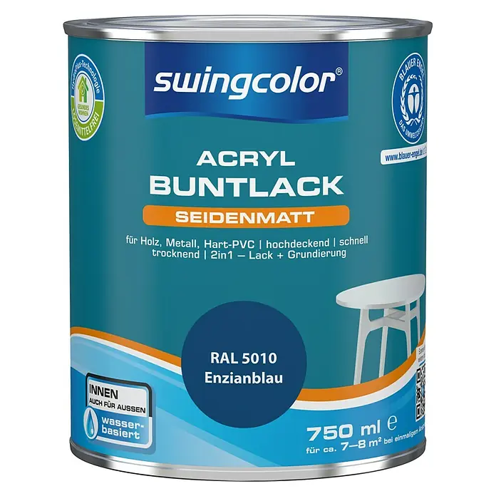 swingcolor Buntlack Acryl - Enzianblau, 750 ml, Seidenmatt - Vorderansicht