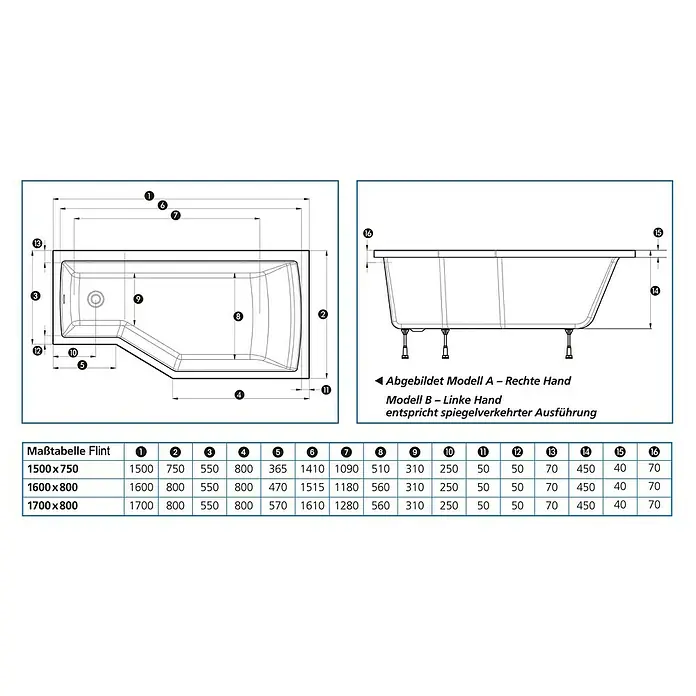 Ottofond Badewanne Flint B - Linksseitig, 160 x 80/55 x 45 cm, Sanitäracryl, Weiß - Ansicht von oben