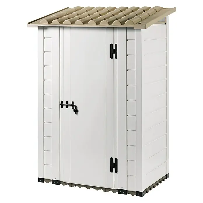Gerätehaus Tuscany - L x B x H: 139 x 20 x 203 cm, Kunststoff, Beige/Taupe - Diagonale Ansicht