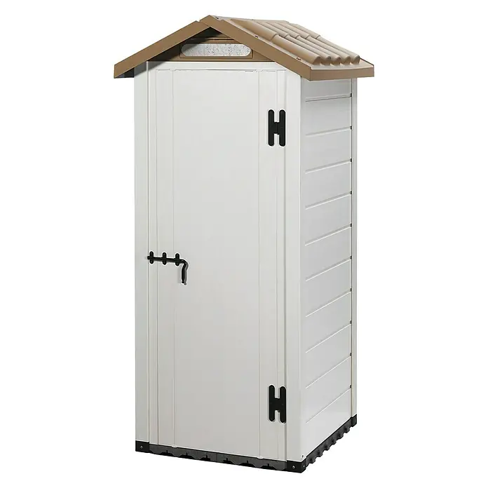Gerätehaus Tuscany - L x B x H: 96,5 x 96,5 x 203 cm, Kunststoff, Beige/Taupe - Diagonale Ansicht