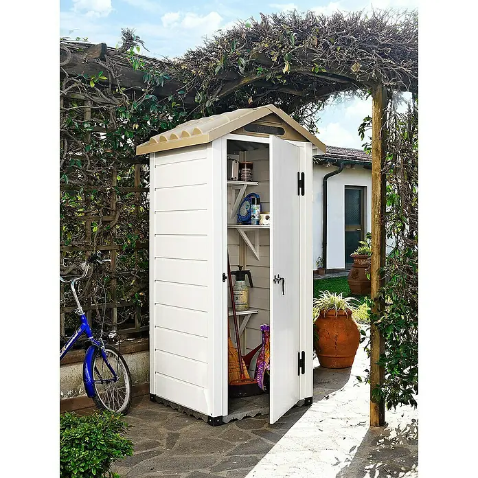 Gerätehaus Tuscany - L x B x H: 96,5 x 96,5 x 203 cm, Kunststoff, Beige/Taupe - Stimmungsaufnahme