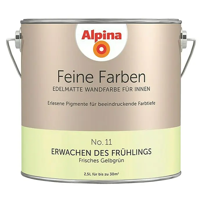 Alpina Wandfarbe Feine Farben - 2,5 l, Erwachen des Frühlings, No. 11 - Frisches Gelbgrün, Matt - Vorderansicht