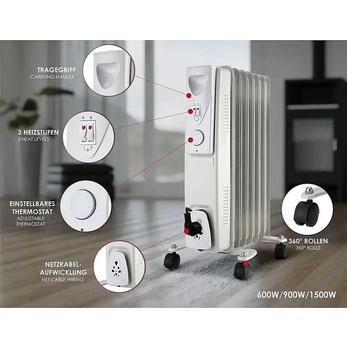 Ölradiator - 600 W - 1.500 W, Weiß, Rippenanzahl: 7 Stk. - Informationsansicht