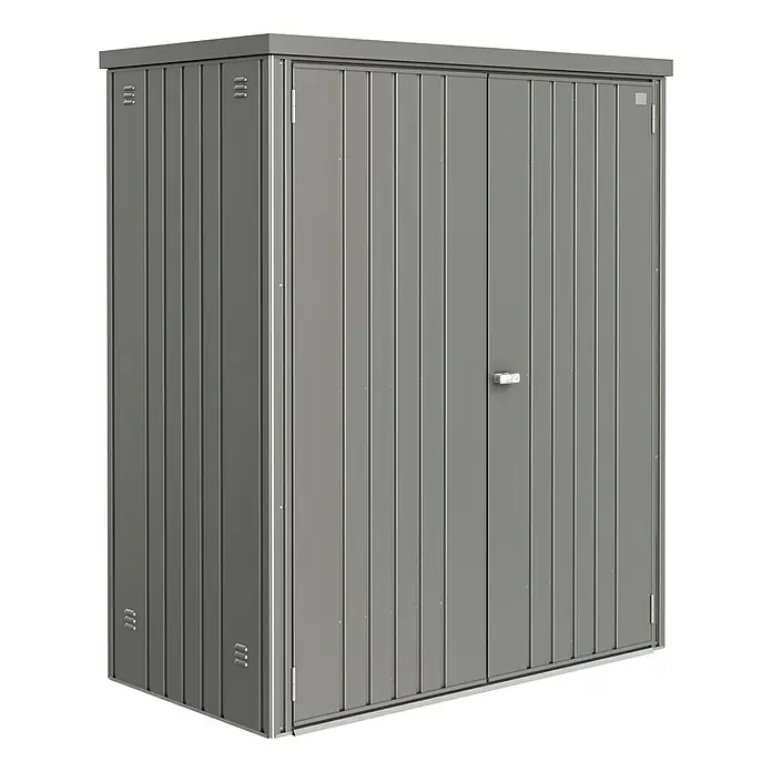 Biohort Geräteschrank 150 - Außenbreite inkl. Dachüberstand: 155 cm, Außentiefe inkl. Dachüberstand: 83 cm, Stahl, Quarzgrau - Linke Seitenansicht