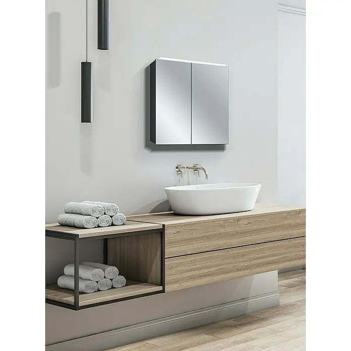 Camargue LED-Spiegelschrank Aluminio Black - B x H: 60 x 60 cm, Mit Beleuchtung, Aluminium, Schwarz - Stimmungsaufnahme