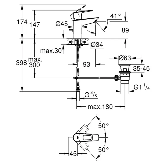 Grohe Waschtischarmatur Start Loop S-Size - Chrom, Glänzend, Energiespar-Funktion, Mit Bügelhebel - Skizze