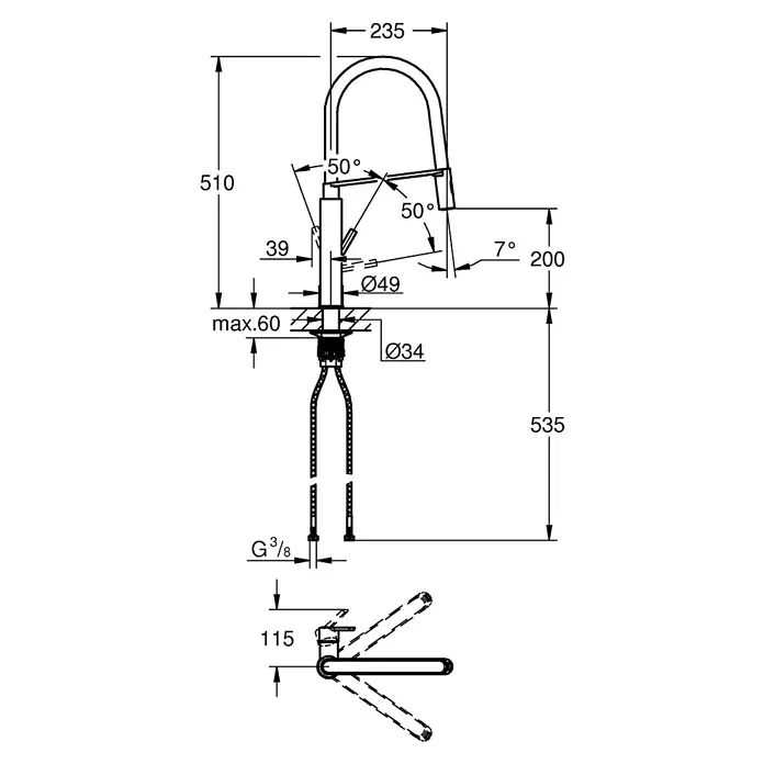 Grohe Spültischarmatur Feel - Chrom, Glänzend, Hoher Auslauf - Skizze