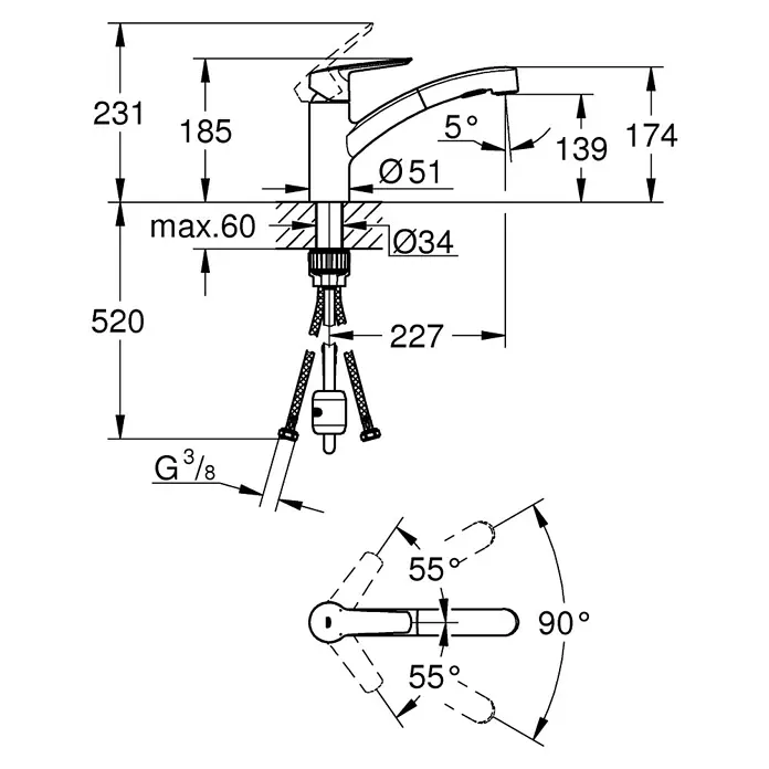 Grohe Start Spültischarmatur QuickFix S-Size - Chrom, Glänzend, Gussauslauf schwenkbar - Skizze
