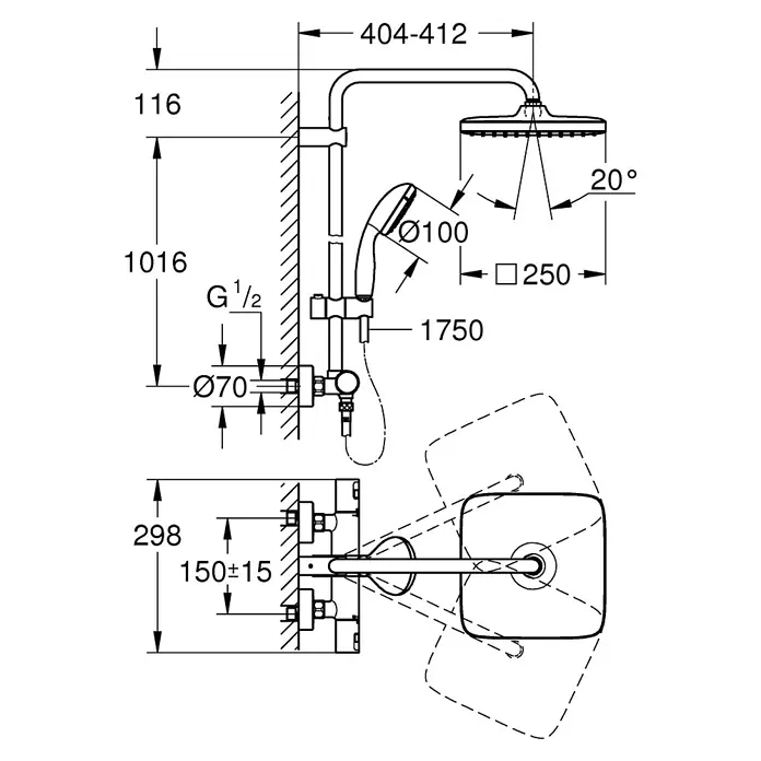 Grohe Vitalio Start Duschsystem Typ 2 - Mit Thermostatarmatur, Lochabstand: 101,6 cm, Chrom - Skizze