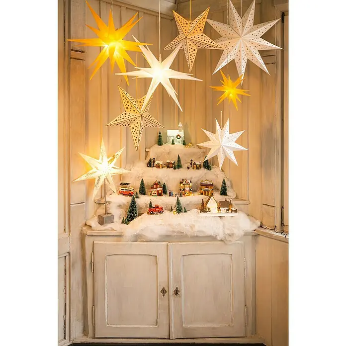 Tween Light Estrella LED colgante 3D - Para exterior, 1 luz, Diámetro: 50 cm, Amarillo, Blanco cálido - Foto ambiente