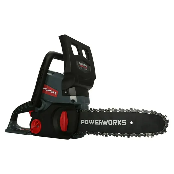 Powerworks Dual Voltage Motosierra de batería P24CS25 - 24 V, Iones de litio, Sin batería, Longitud de la cuchilla: 25 cm - Vista angular