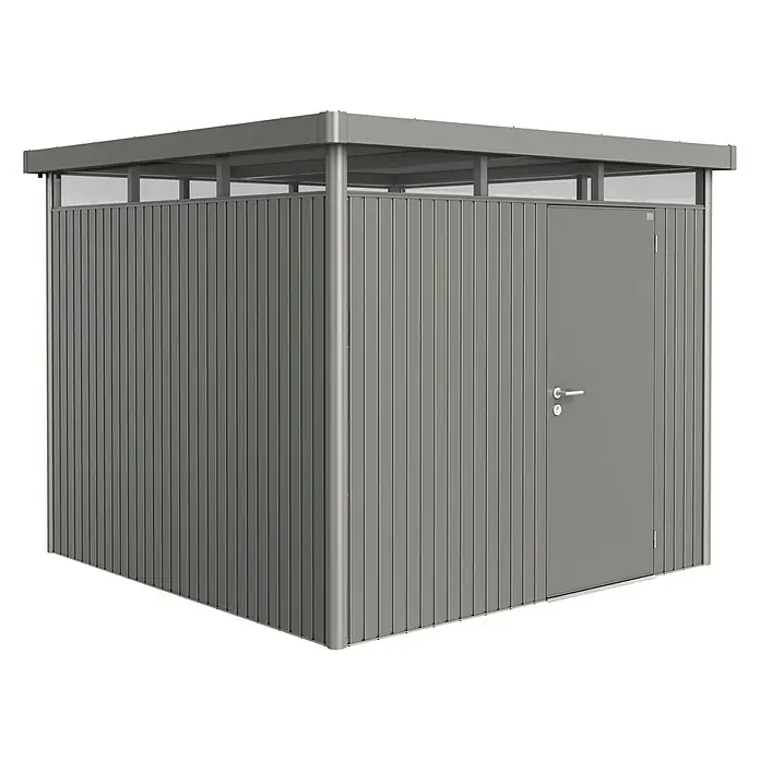 Biohort Gerätehaus HighLine H4 ST - Außenbreite inkl. Dachüberstand: 275 cm, Außentiefe inkl. Dachüberstand: 275 cm, Stahl, Quarzgrau Metallic, Einzeltür - Vorderansicht