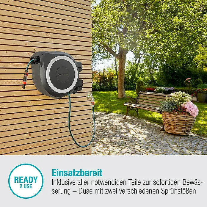 Gardena Wand-Schlauchbox RollUp M/L - Schlauchlänge: 25 m - Informationsansicht