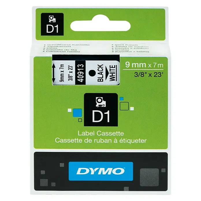 Dymo Beschriftungsband D1 - 7 m x 9 mm, Farbe Druck: Schwarz, Farbe Band: Weiß, Kunststoff - Vorderansicht