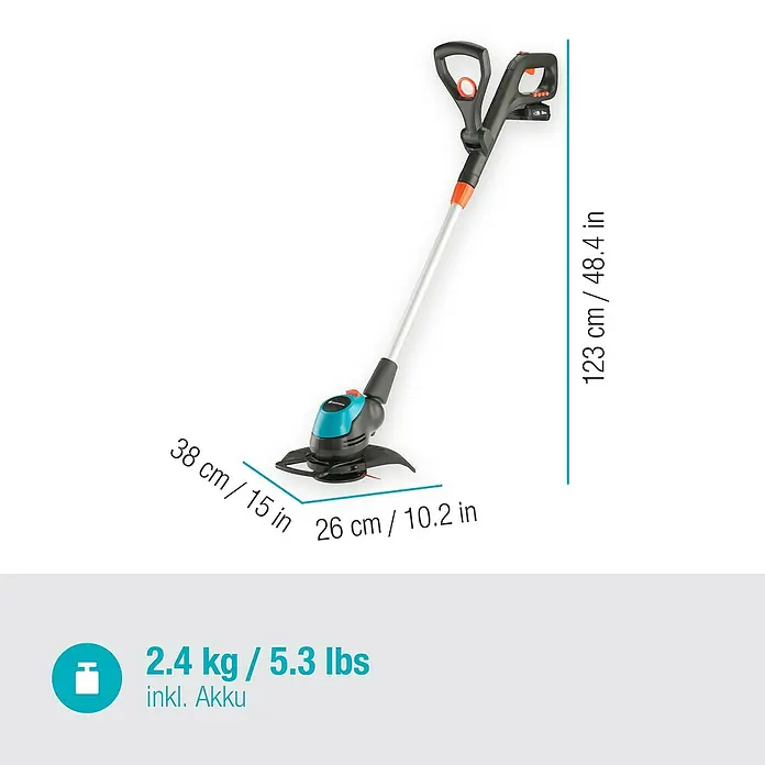 Gardena EasyCut Akku-Rasentrimmer 23/18V-P4A - 18 V, Li-Ionen, 1 Akku, Schnittbreite: 23 cm - Skizze