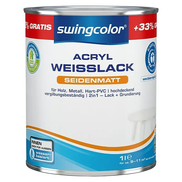 swingcolor Weißlack Acryl - Weiß, 1 l, Seidenmatt - Vorderansicht