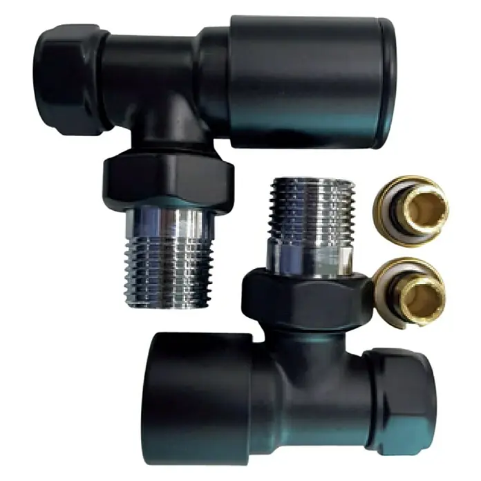 Rointe Detentor para radiador con válvula y adaptador - ½″, Negro - Vista frontal