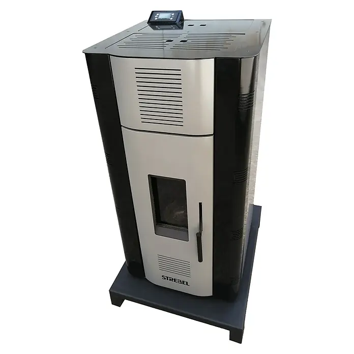 Strebel Wasserführender Pelletofen Varan 1.20 - Wärmeleistung: 10 kW - 20 kW, Raumheizvermögen: 200 m³, Schwarz/Silber - Diagonale Ansicht