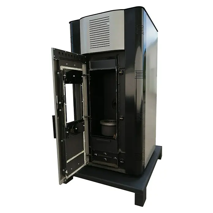Strebel Wasserführender Pelletofen Varan 1.20 - Wärmeleistung: 10 kW - 20 kW, Raumheizvermögen: 200 m³, Schwarz/Silber - Diagonale Ansicht