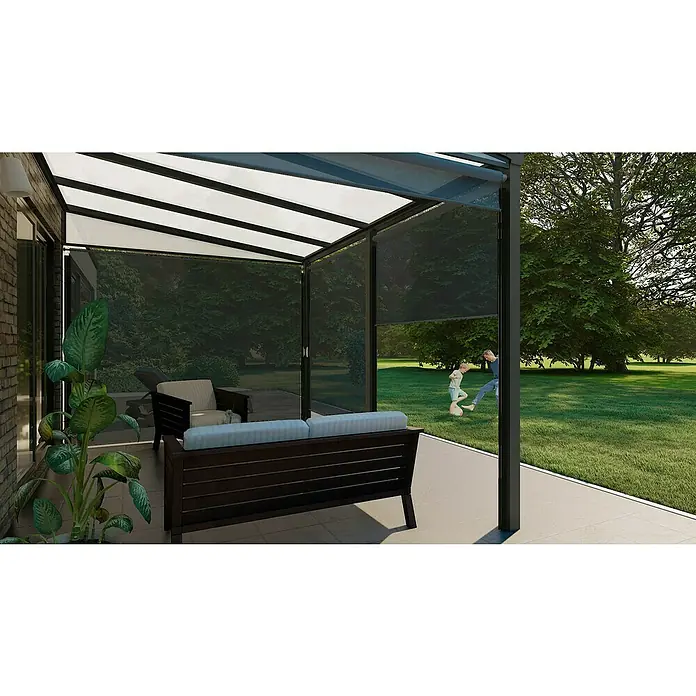 Terrassenüberdachung Gartenzimmer - L x T: 400 cm x 304,5 cm, Polycarbonat, Anthrazitgrau, Opal - Stimmungsaufnahme