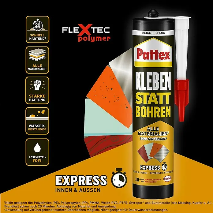 Pattex Montagekleber Kleben statt Bohren Express - 390 g, Kartusche, Lösemittelfrei - Informationsansicht