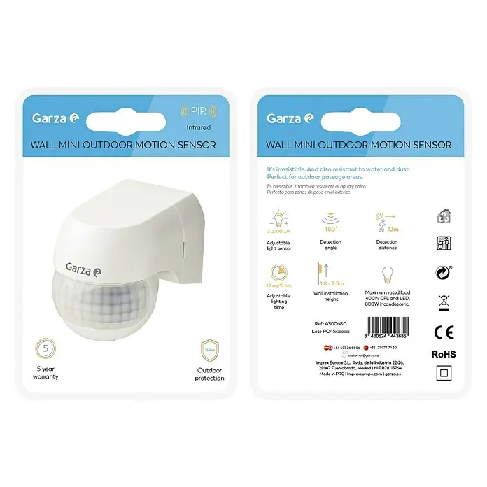 Garza Detector de movimiento por infrarrojos Exterior MIni - Alcance: 12 m, Blanco - Embalaje del producto