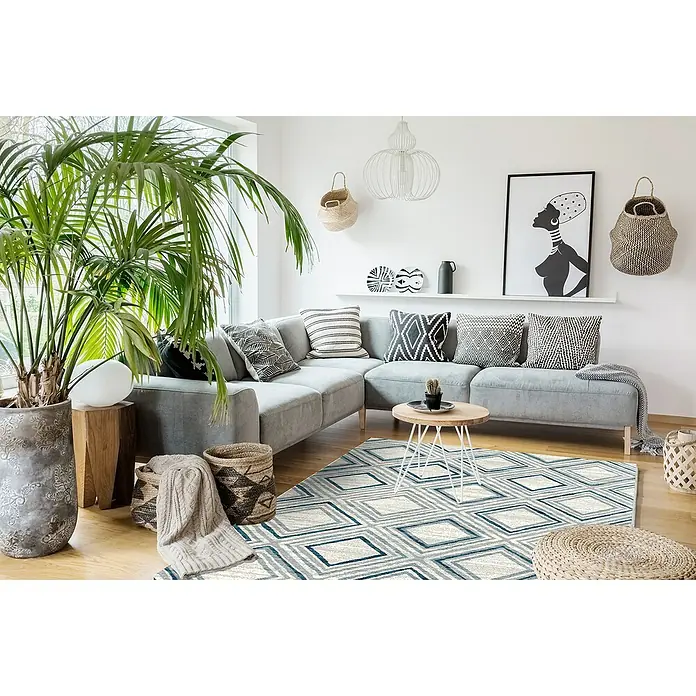 Alfombra de pelo corto Antique - Gris/Turquesa, 180 x 120 cm - Foto ambiente