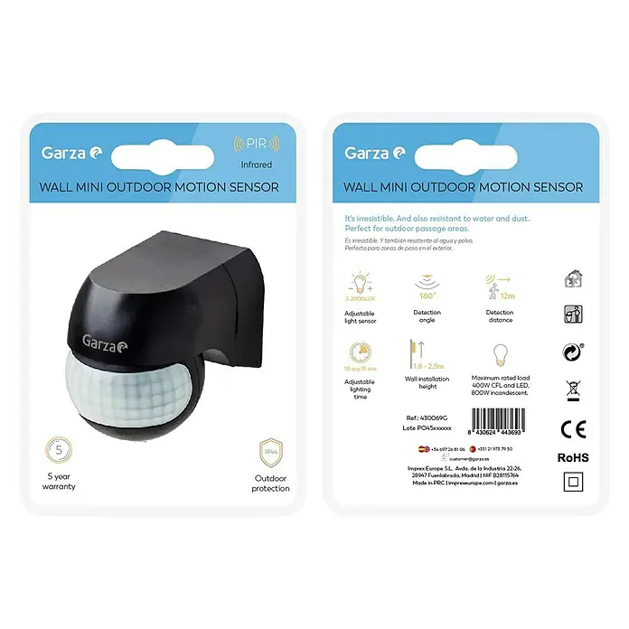 Garza Detector de movimiento por infrarrojos Exterior MIni - Alcance: 12 m, Negro - Embalaje del producto