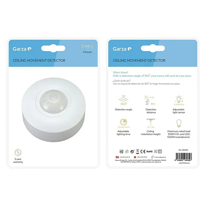 Garza Detector de movimiento por infrarrojos de techo - Alcance: 6 m, Blanco - Embalaje del producto