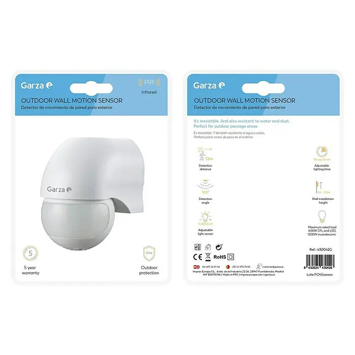 Garza Detector de movimiento por infrarrojos de pared - Alcance: 12 m, Blanco - Embalaje del producto