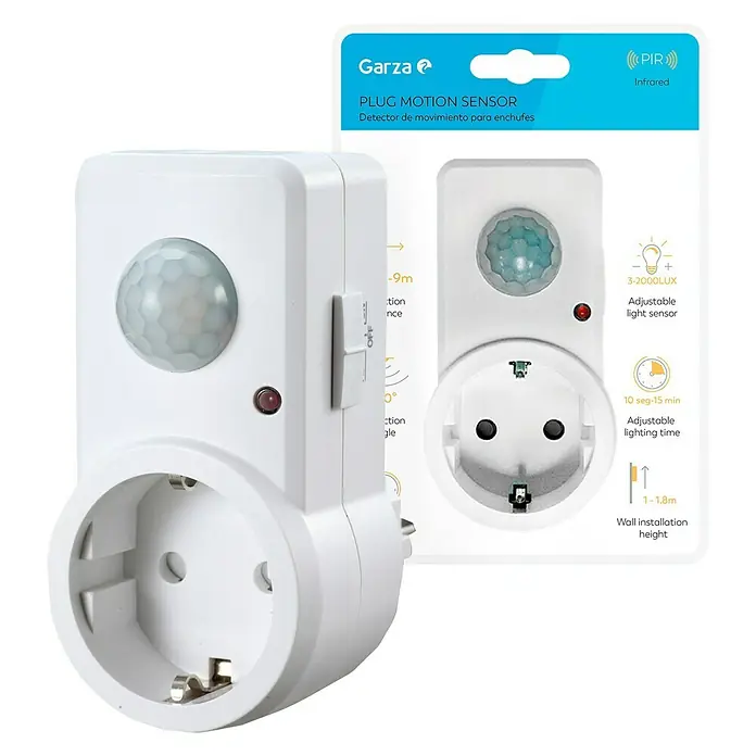 Garza Detector de movimiento por infrarrojos para Enchufes - Alcance: 2 m - 9 m, Blanco - Embalaje del producto