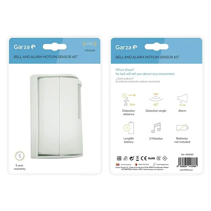 Garza Detector de movimiento del sistema de alarma de alarma y timbre - Específico para: Conexión de timbre y alarma, Alcance: 8 m - Embalaje del producto