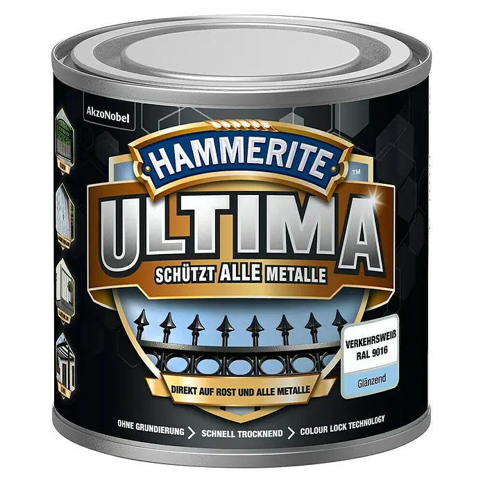 Hammerite Metall-Schutzlack ULTIMA - RAL 9016, Verkehrsweiß, 250 ml, Glänzend - Vorderansicht