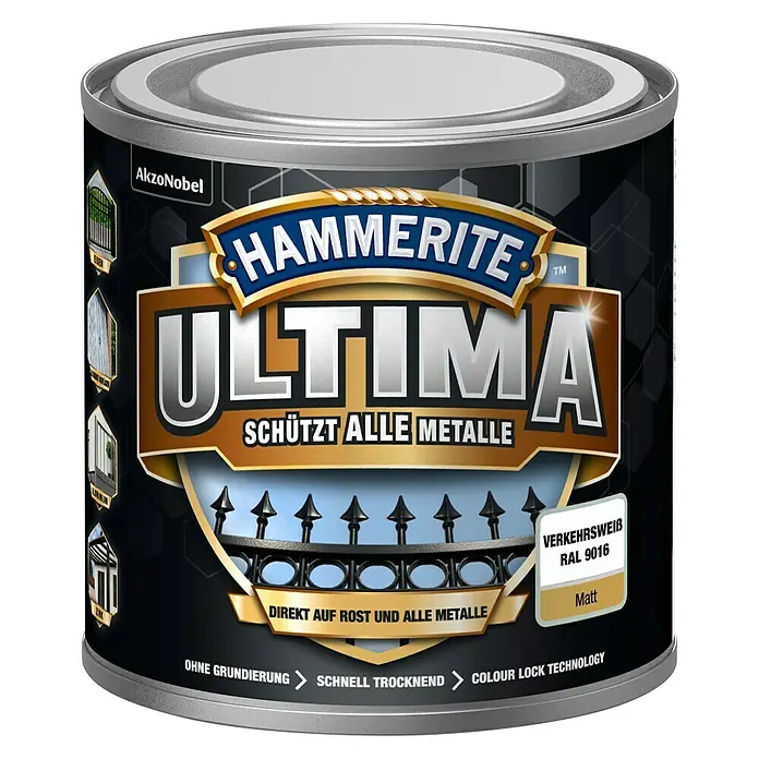 Hammerite Metall-Schutzlack ULTIMA - RAL 9016, Verkehrsweiß, 250 ml, Matt - Vorderansicht