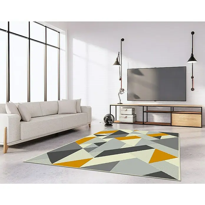 Alfombra de pelo corto Puzzle - Crema/Mostaza, 160 x 225 cm, Polipropileno BCF - Foto ambiente