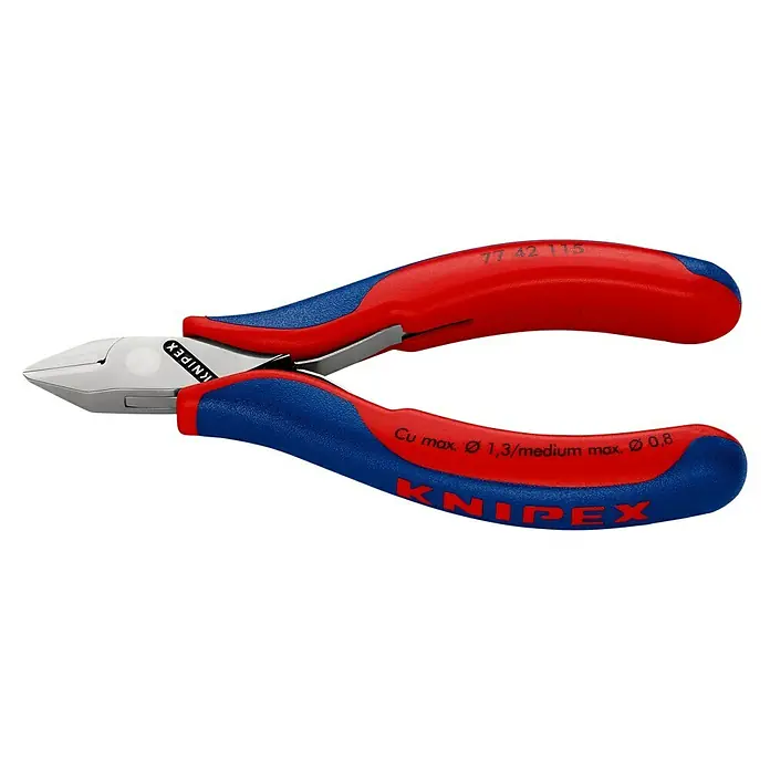 Knipex Seitenschneider - Länge: 115 mm, Material Griff: Mehrkomponenten-Hülle, Spitz, Ausführung Kopf: Mit kleiner Facette, Härte Schneide: Ca. 57 HRC - Linke Seitenansicht