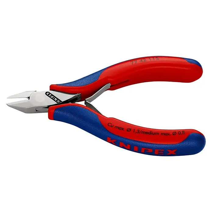 Knipex Seitenschneider - Länge: 115 mm, Material Griff: Mehrkomponenten-Hülle, Spitz, Ausführung Kopf: Mit kleiner Facette, Härte Schneide: Ca. 57 HRC - Linke Seitenansicht
