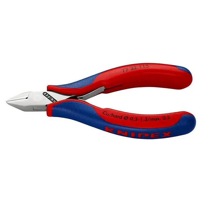 Knipex Seitenschneider - Länge: 115 mm, Material Griff: Mehrkomponenten-Hülle, Spitz, Ausführung Kopf: Mit kleiner Facette, Härte Schneide: Ca. 60 HRC - Linke Seitenansicht