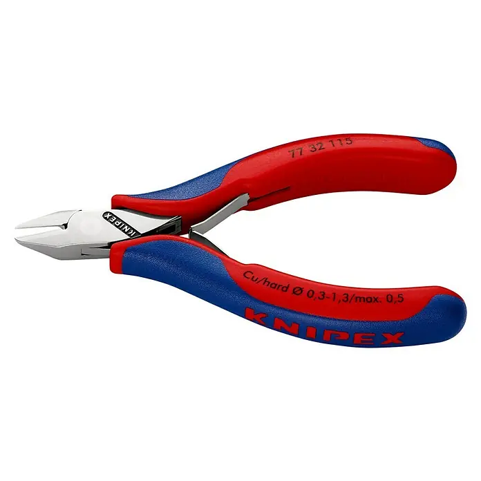 Knipex Seitenschneider - Länge: 115 mm, Material Griff: Mehrkomponenten-Hülle, Spitz, Ausführung Kopf: Mit kleiner Facette, Härte Schneide: Ca. 60 HRC - Linke Seitenansicht
