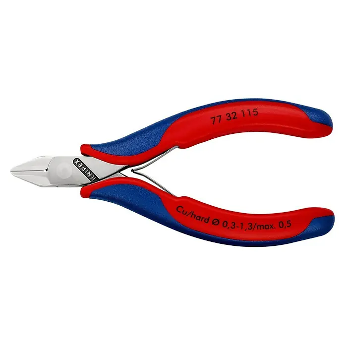 Knipex Seitenschneider - Länge: 115 mm, Material Griff: Mehrkomponenten-Hülle, Spitz, Ausführung Kopf: Mit kleiner Facette, Härte Schneide: Ca. 60 HRC - Linke Seitenansicht