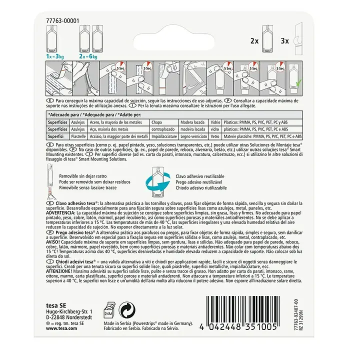 Tesa Clavo adhesivo - Apto para: Baldosas, Carga soportada: 3 kg, 2 uds., Blanco