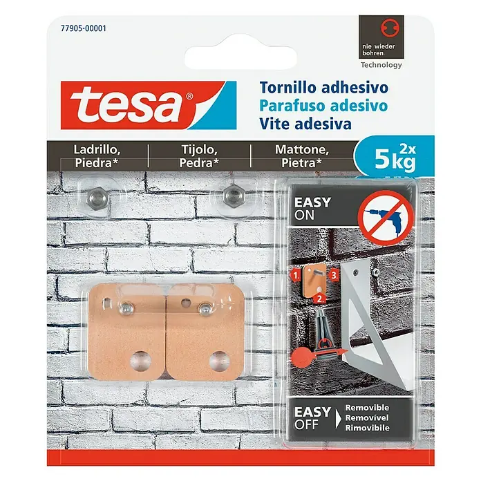 Tesa Tornillo adhesivo - Apto para: Ladrillo, Carga soportada: 5 kg, 2 uds., Rectangular