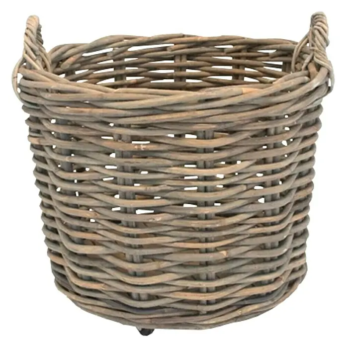 Van der Leeden Rotanmand op wielen - Naturel/grijs, Ø x h: 65 x 60 cm - Vooraanzicht