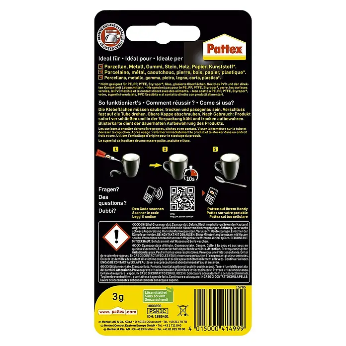 Pattex Sekundenkleber Classic - 3 g, Tube, Flüssig - Rückansicht