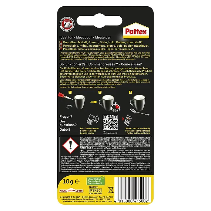 Pattex Sekundenkleber Classic - 10 g, Tube, Flüssig - Rückansicht