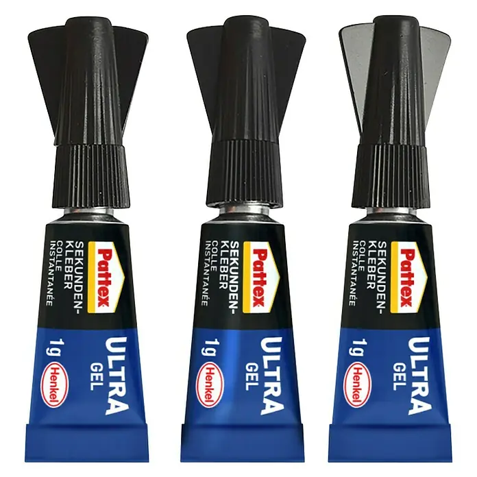 Pattex Sekundenkleber Ultra Gel Mini Trio - 3 x 1 g, Gelartig, Lösemittelfrei - Vorderansicht