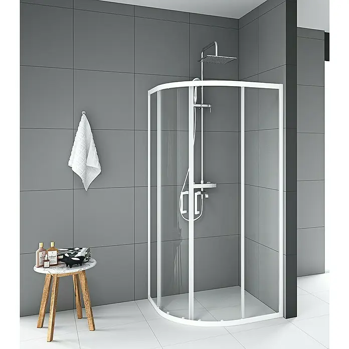 Mampara de ducha semicircular Factory - 90 x 90 x 200 cm, Vidrio transparente, Espesor: 6 mm, Blanco - Foto ambiente