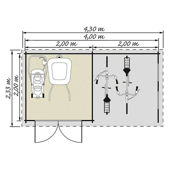 Caseta de madera Esbjerg 485 - 2,32 x 4,23 m, Espesor de pared: 28 mm, Natural - Dibujo técnico