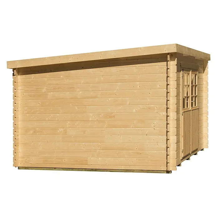 Caseta de madera Espoo 474 - 3,21 x 3,23 m, Espesor de pared: 28 mm, Natural - Vista de perfil derecho