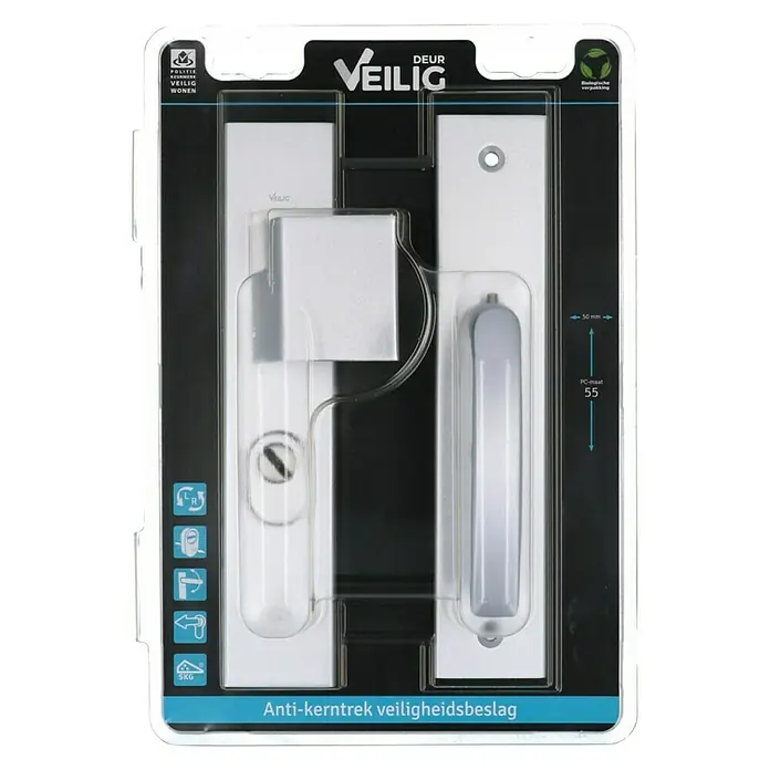 Veilig Deurbeslag 2300 greep-kruk PC55 - Beveiligings-deurbeslagset, Aluminium, Zilver - Vooraanzicht